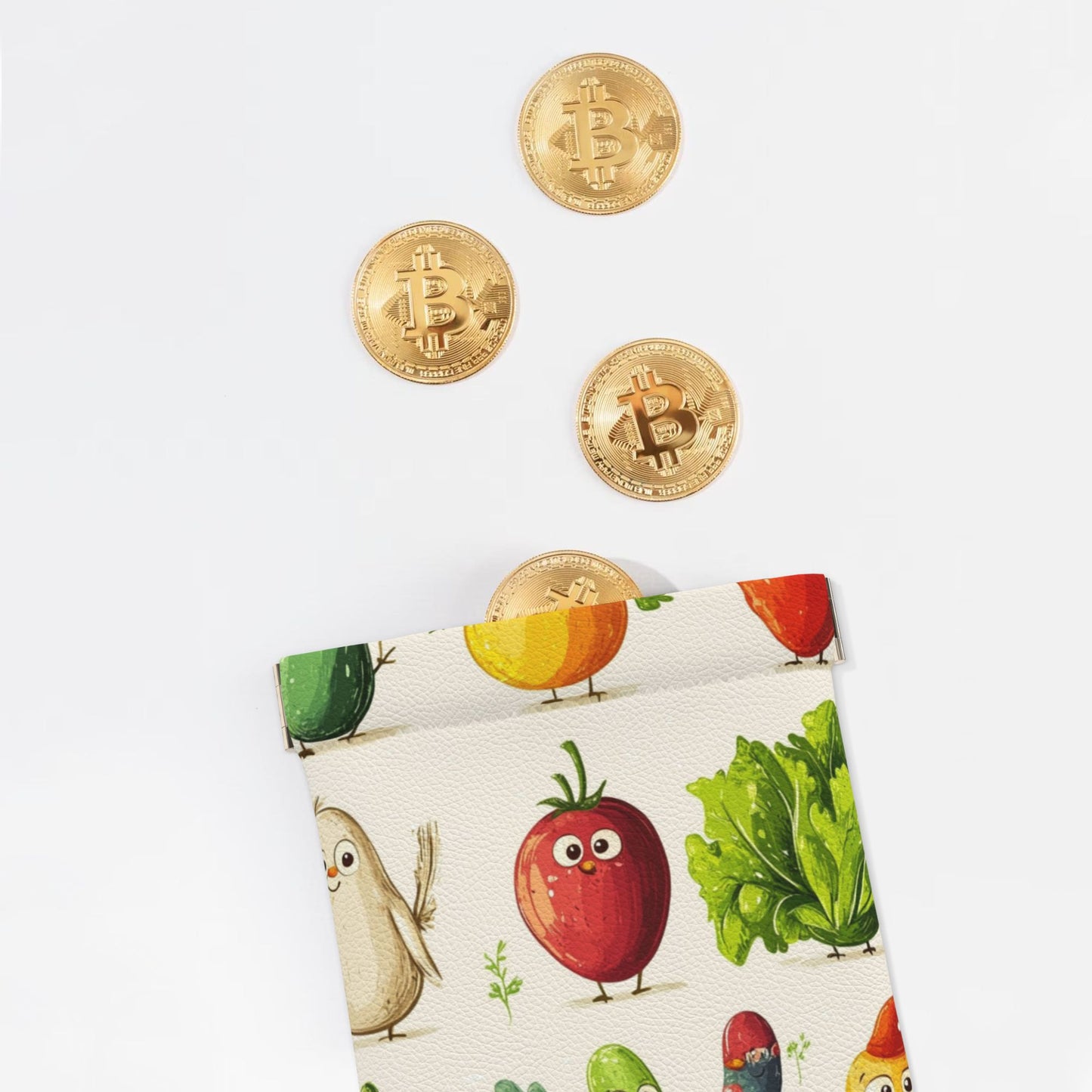 Cartoon Veggie Print Snap Coin Purse (10×11cm) – PU Leather Mini Pouch with Spring Frame Closure, Cute Pocket-Sized Holder for Coins & Small Items