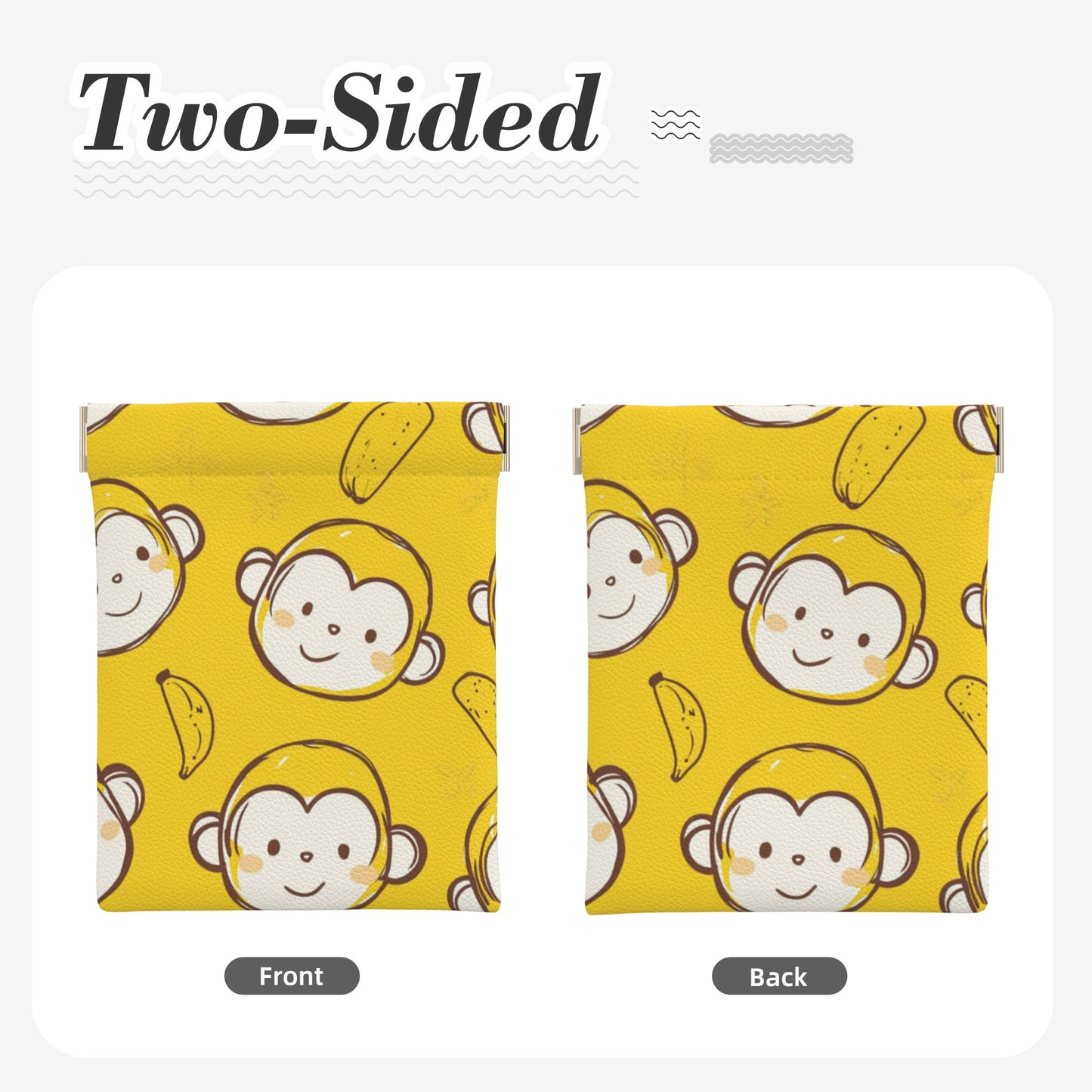 Cartoon Monkey & Banana PU Snap Coin Purse (10×11cm) – Cute Yellow Mini Pouch with Spring Frame for Coins & Small Items