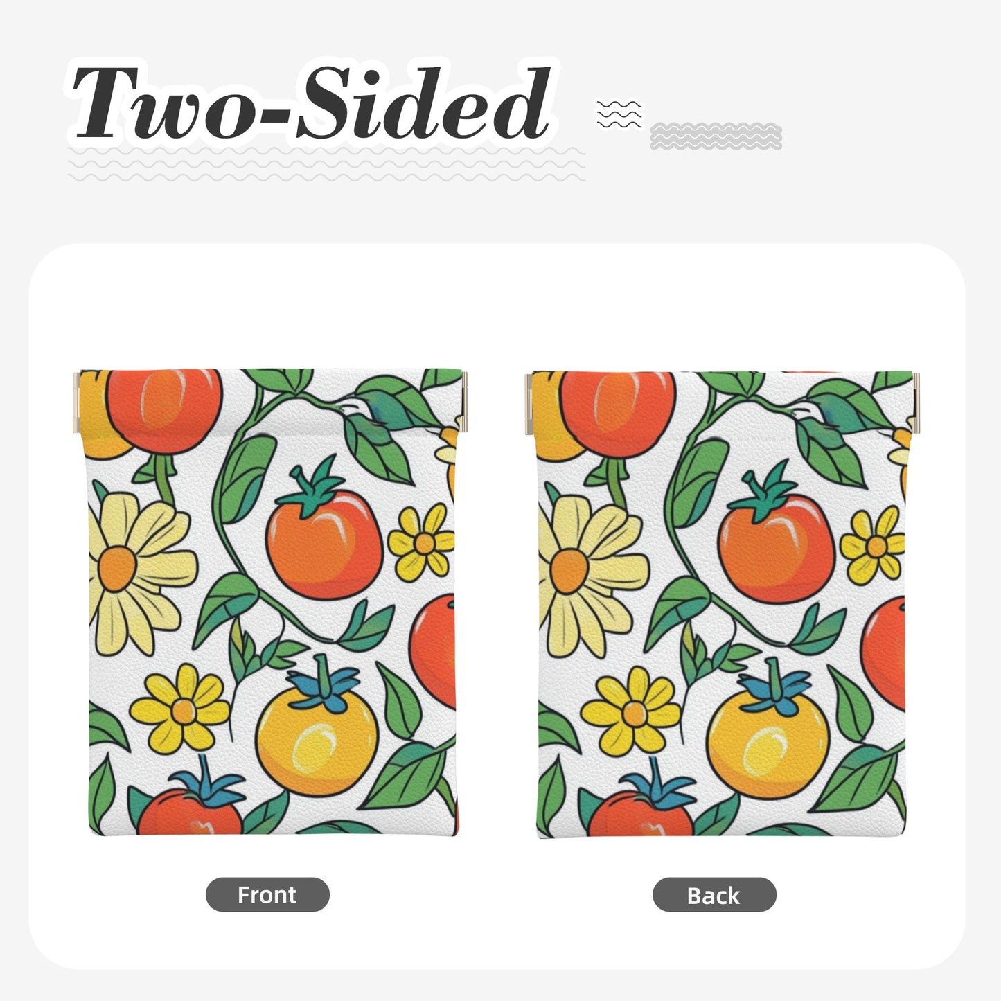 Cartoon Tomato & Floral Pattern PU Leather Coin Purse (10×11cm) – Colorful Plant Illustration Mini Pouch with Spring Snap Closure