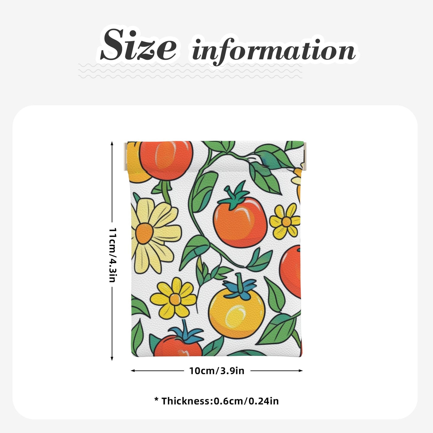 Cartoon Tomato & Floral Pattern PU Leather Coin Purse (10×11cm) – Colorful Plant Illustration Mini Pouch with Spring Snap Closure