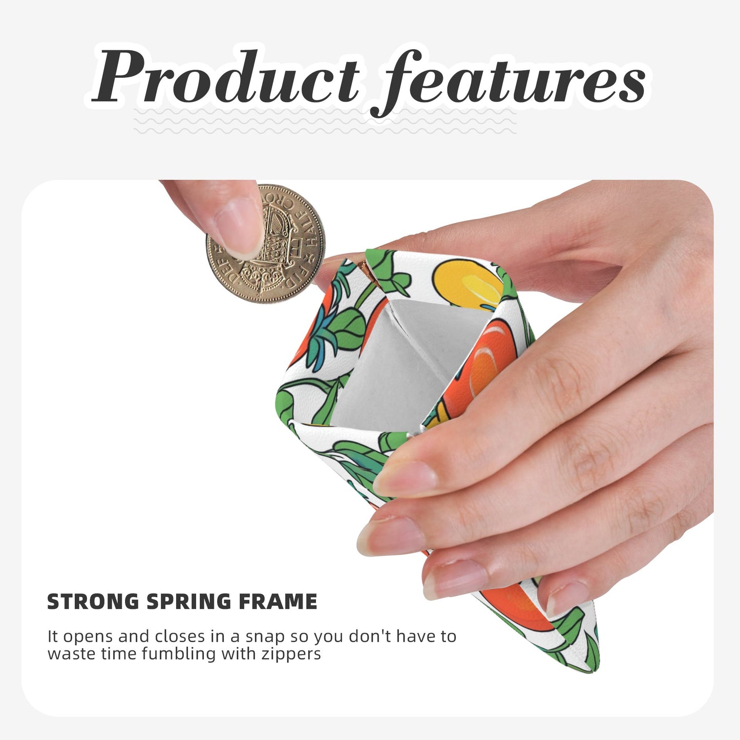 Cartoon Tomato & Floral Pattern PU Leather Coin Purse (10×11cm) – Colorful Plant Illustration Mini Pouch with Spring Snap Closure