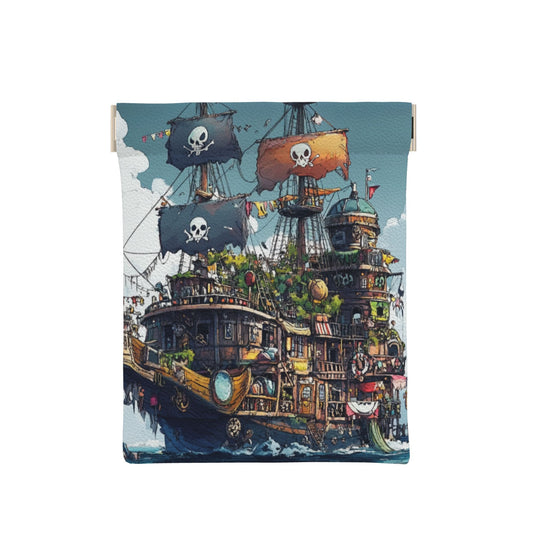 Pirate Ship Pattern Snap Leather Coin Purse (10×11cm) – Vintage PU Pouch with Spring Frame, Cute & Compact for Coins, Accessories, Travel Use