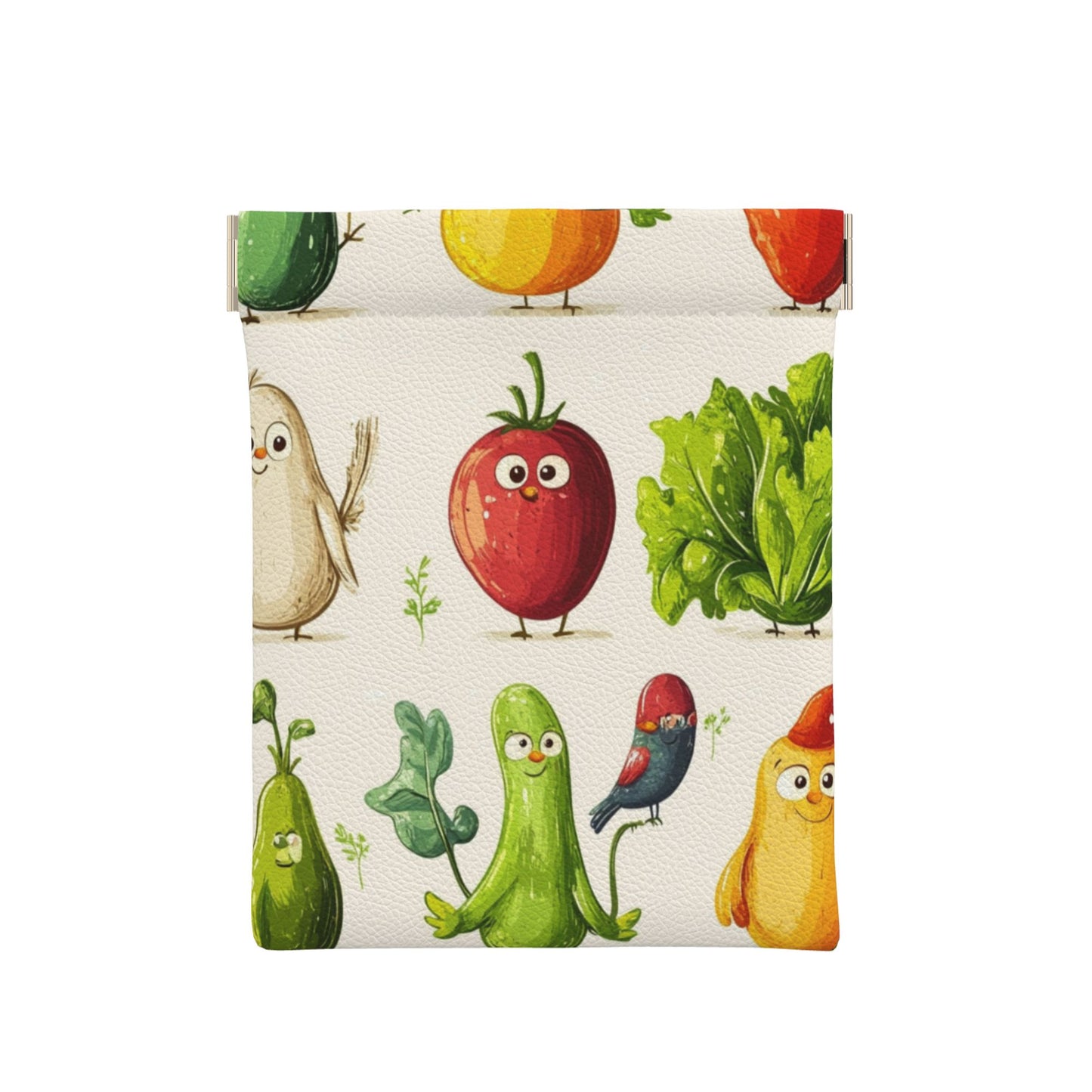 Cartoon Veggie Print Snap Coin Purse (10×11cm) – PU Leather Mini Pouch with Spring Frame Closure, Cute Pocket-Sized Holder for Coins & Small Items