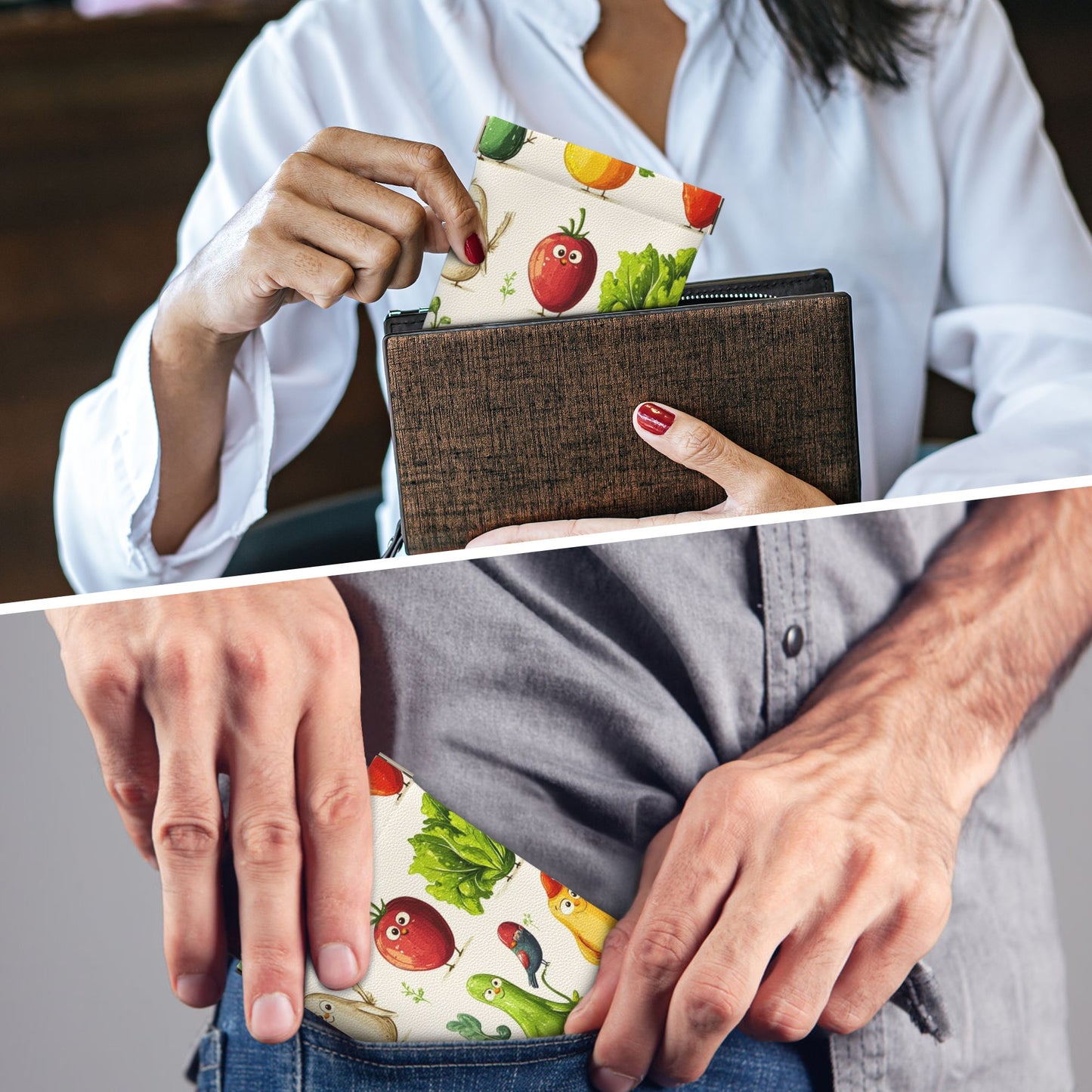 Cartoon Veggie Print Snap Coin Purse (10×11cm) – PU Leather Mini Pouch with Spring Frame Closure, Cute Pocket-Sized Holder for Coins & Small Items