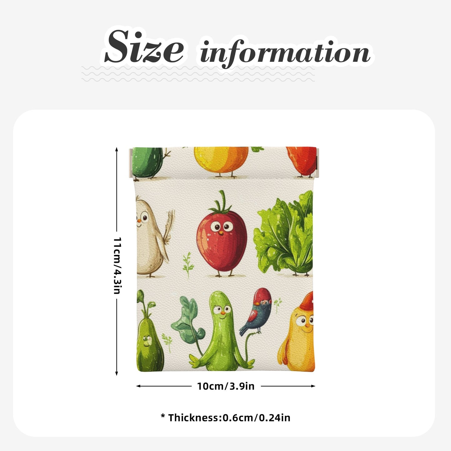 Cartoon Veggie Print Snap Coin Purse (10×11cm) – PU Leather Mini Pouch with Spring Frame Closure, Cute Pocket-Sized Holder for Coins & Small Items
