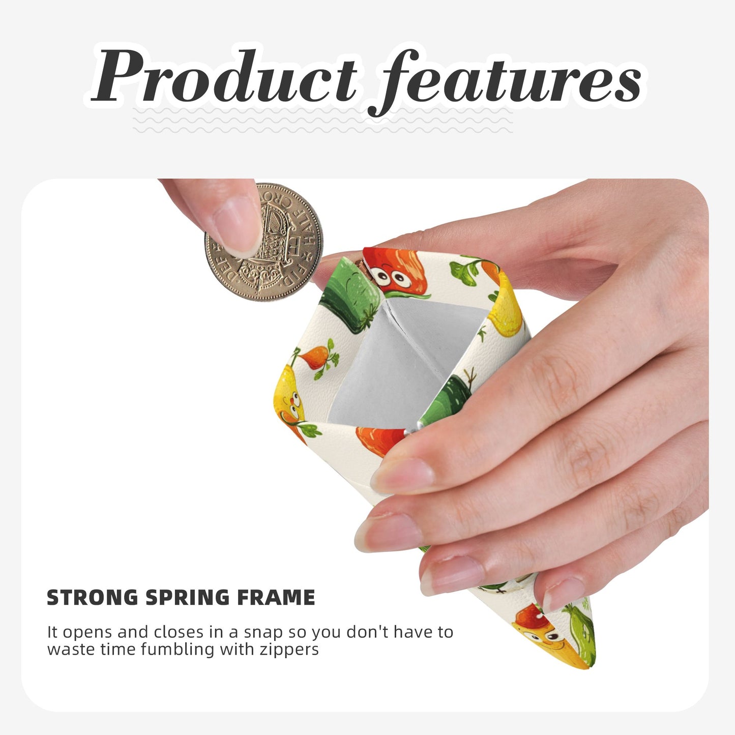 Cartoon Veggie Print Snap Coin Purse (10×11cm) – PU Leather Mini Pouch with Spring Frame Closure, Cute Pocket-Sized Holder for Coins & Small Items