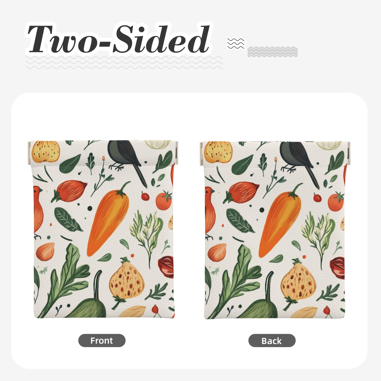 Botanical Garden Veggie Snap Coin Purse (10×11cm) – PU Leather Pocket Wallet with Spring Frame Closure, Nature-Inspired Mini Storage Bag