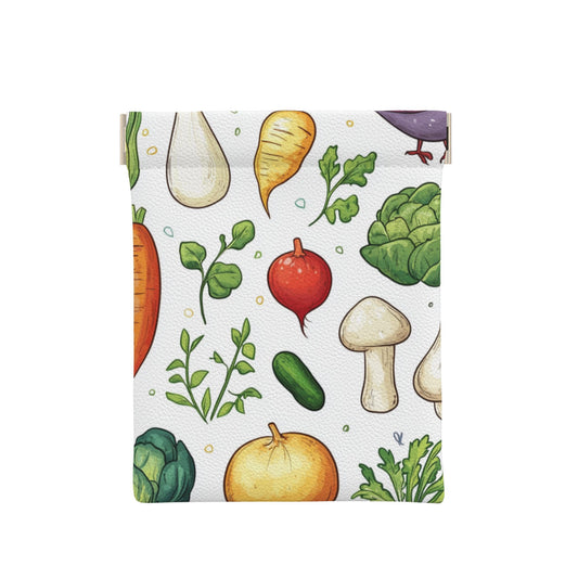 Watercolor Veggie Snap Coin Purse (10×11cm) – PU Leather Mini Wallet with Spring Frame, Nature-Inspired Pouch for Coins & Daily Small Items