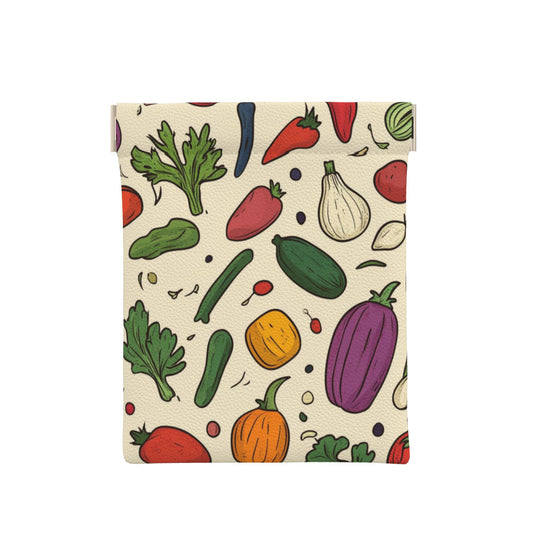 Colorful Veggie Pattern Snap Coin Purse (10×11cm) – PU Leather Mini Pouch with Spring Frame, Hand-Drawn Style for Coins & Small Essentials