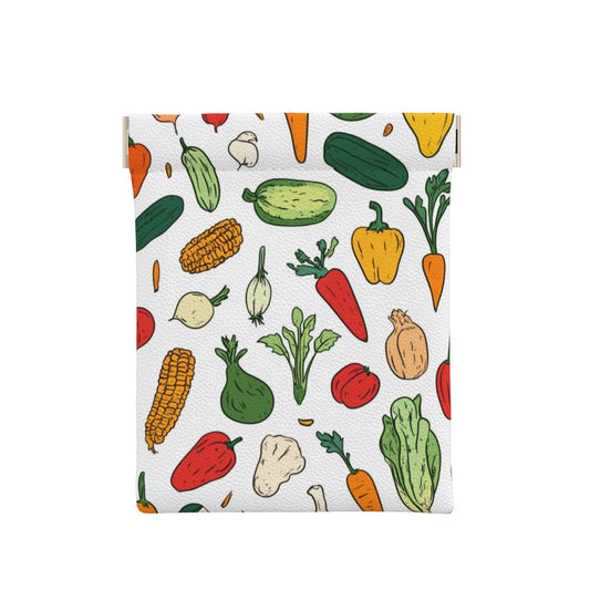 Vintage Veggie Pattern PU Snap Coin Purse (10×11cm) – Retro Hand-Drawn Leather Pouch with Spring Frame, Compact Storage for Coins & Small Essentials