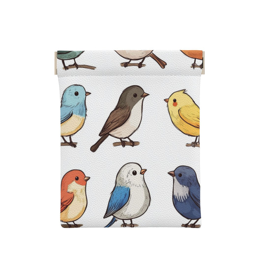 Cute Bird Illustration PU Leather Snap Coin Purse (10×11cm) – Hand-Drawn Style Mini Pouch with Spring Frame for Coins & Small Essentials
