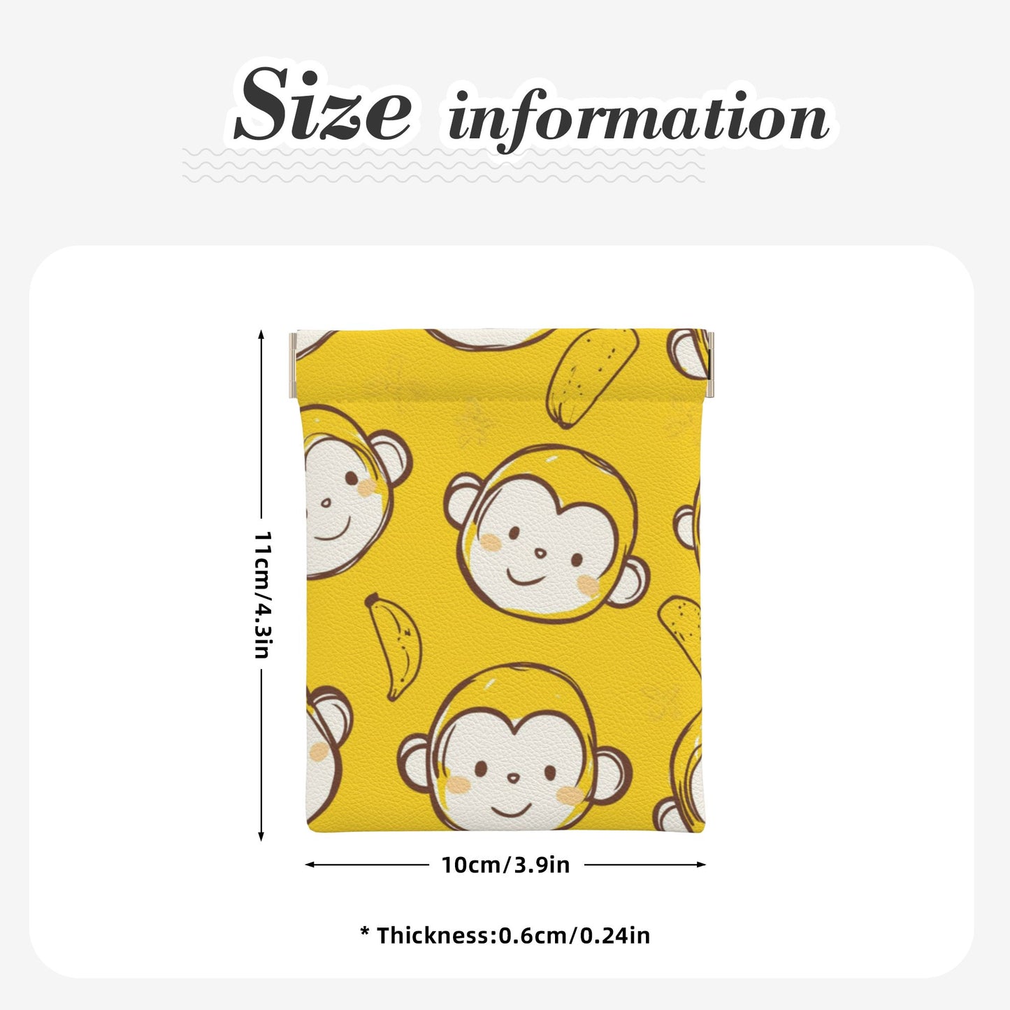 Cartoon Monkey & Banana PU Snap Coin Purse (10×11cm) – Cute Yellow Mini Pouch with Spring Frame for Coins & Small Items