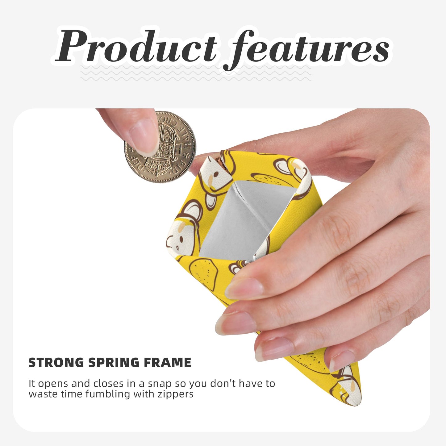 Cartoon Monkey & Banana PU Snap Coin Purse (10×11cm) – Cute Yellow Mini Pouch with Spring Frame for Coins & Small Items