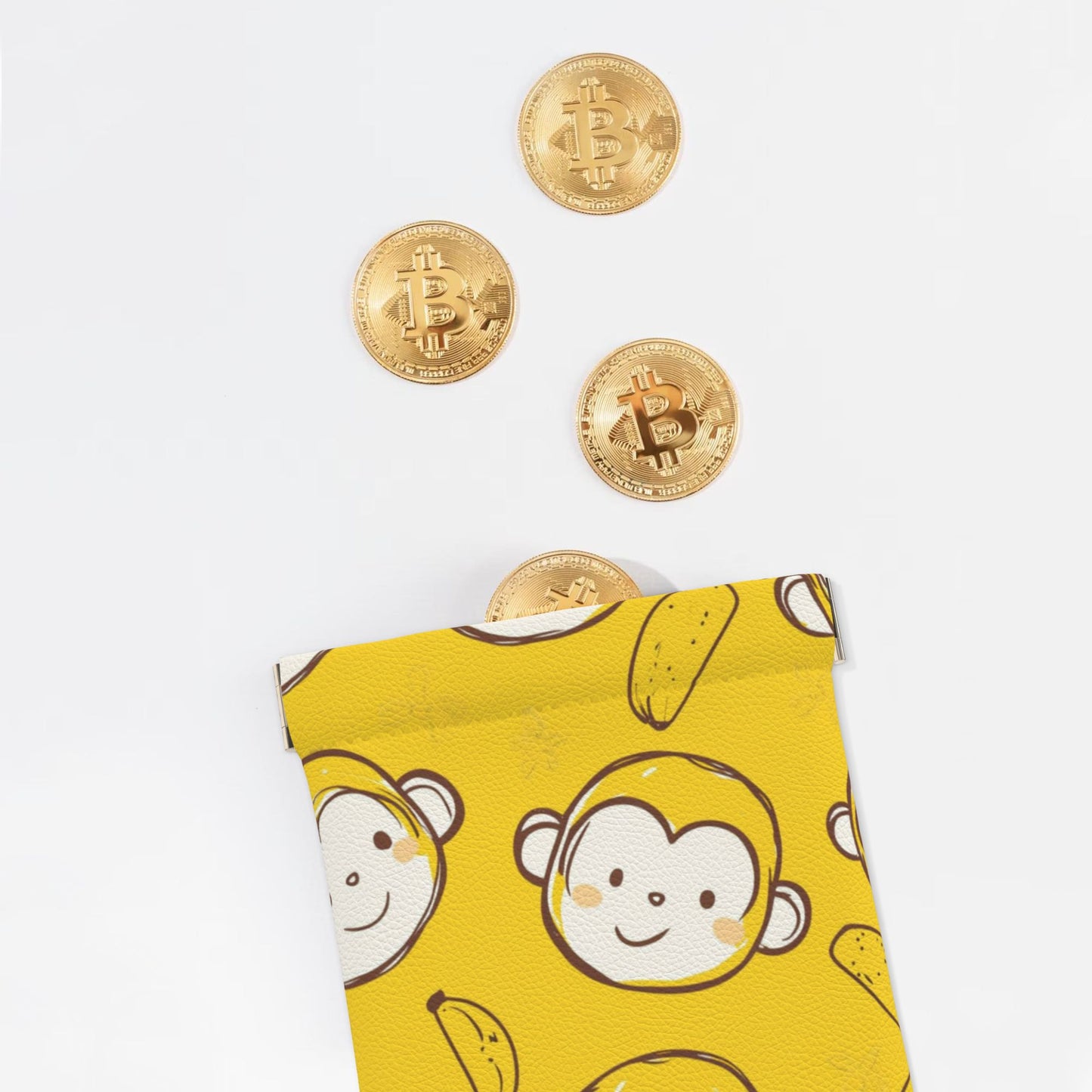 Cartoon Monkey & Banana PU Snap Coin Purse (10×11cm) – Cute Yellow Mini Pouch with Spring Frame for Coins & Small Items