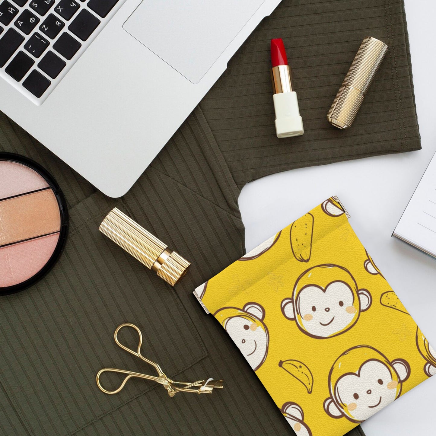 Cartoon Monkey & Banana PU Snap Coin Purse (10×11cm) – Cute Yellow Mini Pouch with Spring Frame for Coins & Small Items