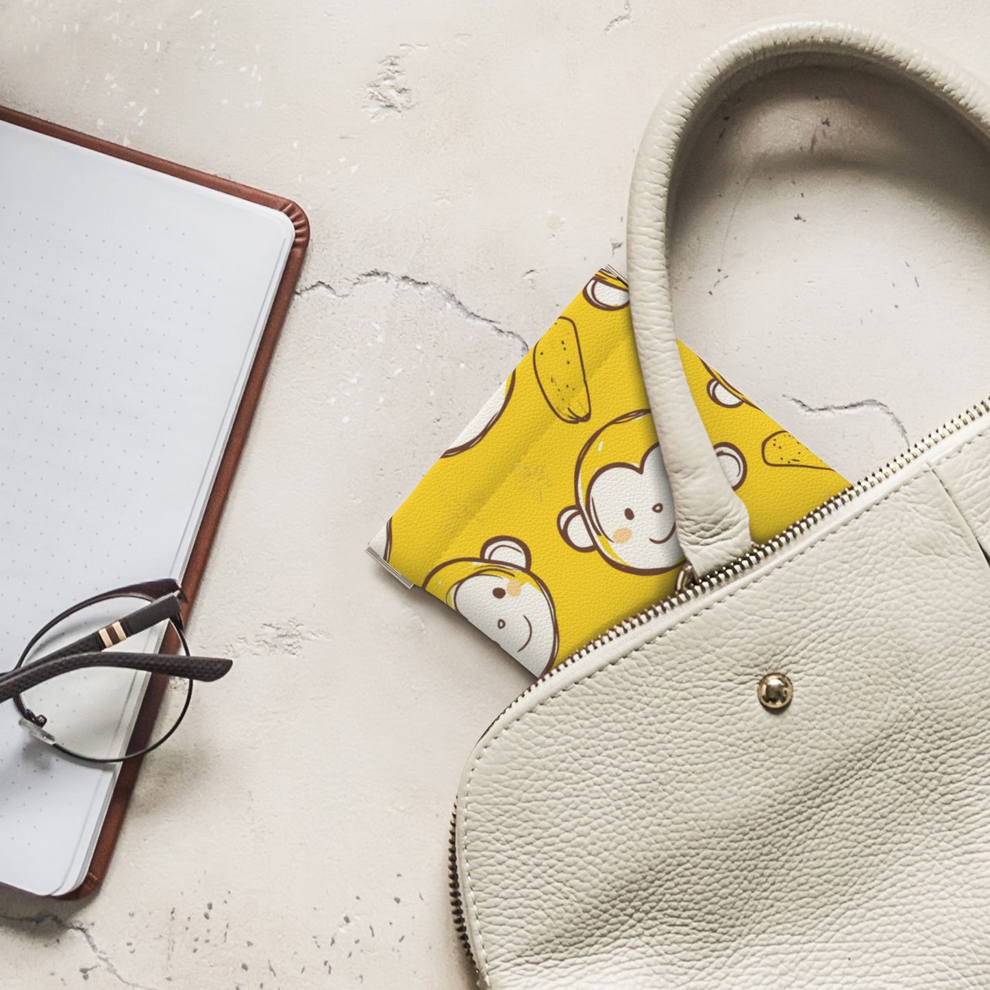 Cartoon Monkey & Banana PU Snap Coin Purse (10×11cm) – Cute Yellow Mini Pouch with Spring Frame for Coins & Small Items