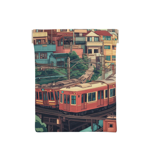 Urban Train Illustration PU Snap Coin Purse (10×11cm) – Vintage-Style Leather Mini Pouch with Spring Frame for Everyday Essentials