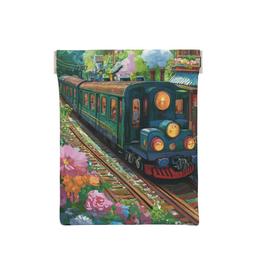 Vintage Green Train in Floral Town PU Leather Coin Purse (10×11cm) – Mini Pouch with Snap Spring Frame, Romantic Travel-Style Illustration