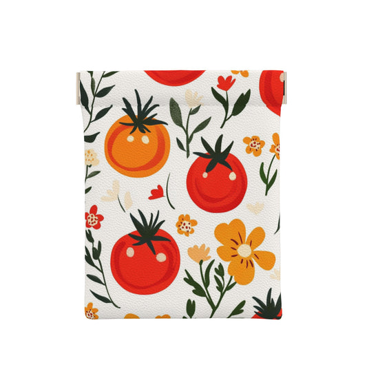 Tomato & Floral Pattern PU Leather Coin Purse (10×11cm) – Mini Snap Pouch with Spring Frame, Cute Garden Illustration Design