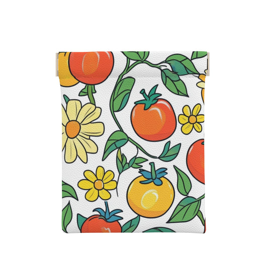 Cartoon Tomato & Floral Pattern PU Leather Coin Purse (10×11cm) – Colorful Plant Illustration Mini Pouch with Spring Snap Closure