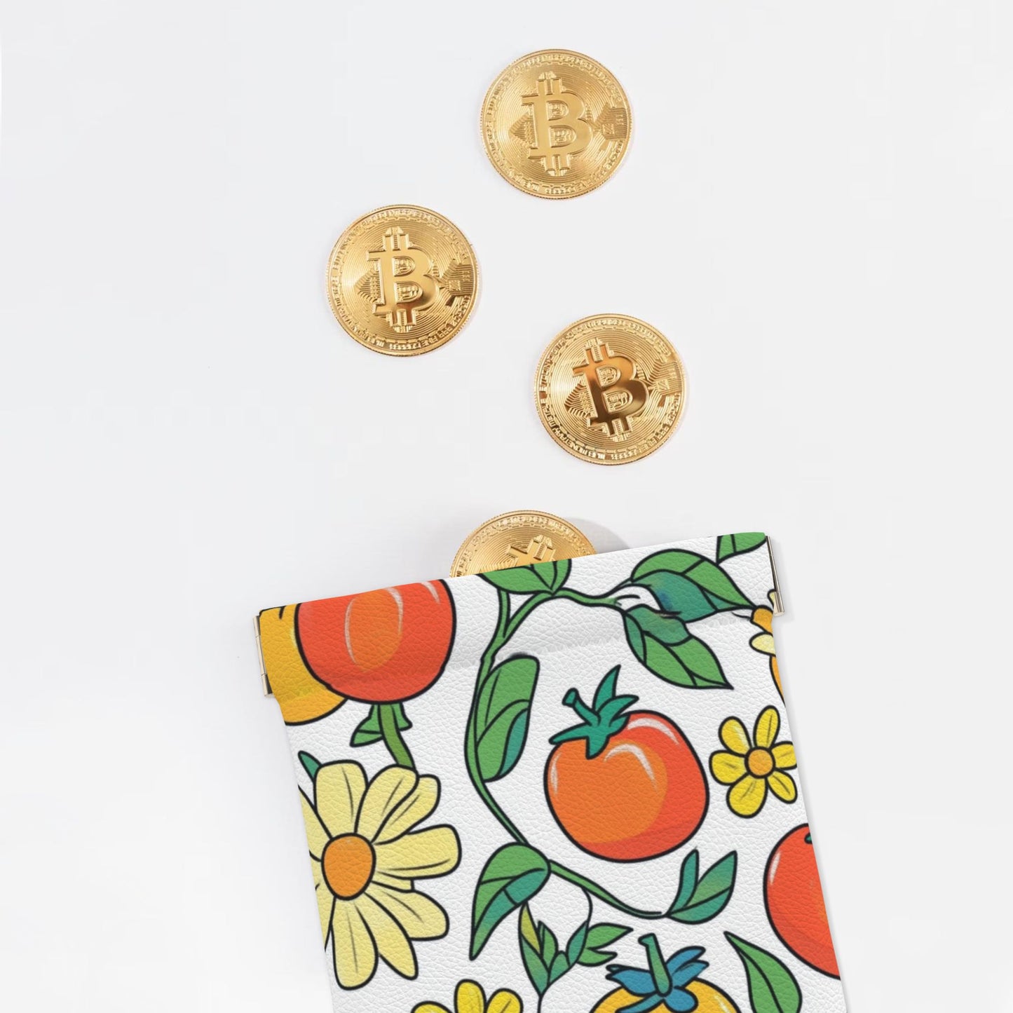 Cartoon Tomato & Floral Pattern PU Leather Coin Purse (10×11cm) – Colorful Plant Illustration Mini Pouch with Spring Snap Closure