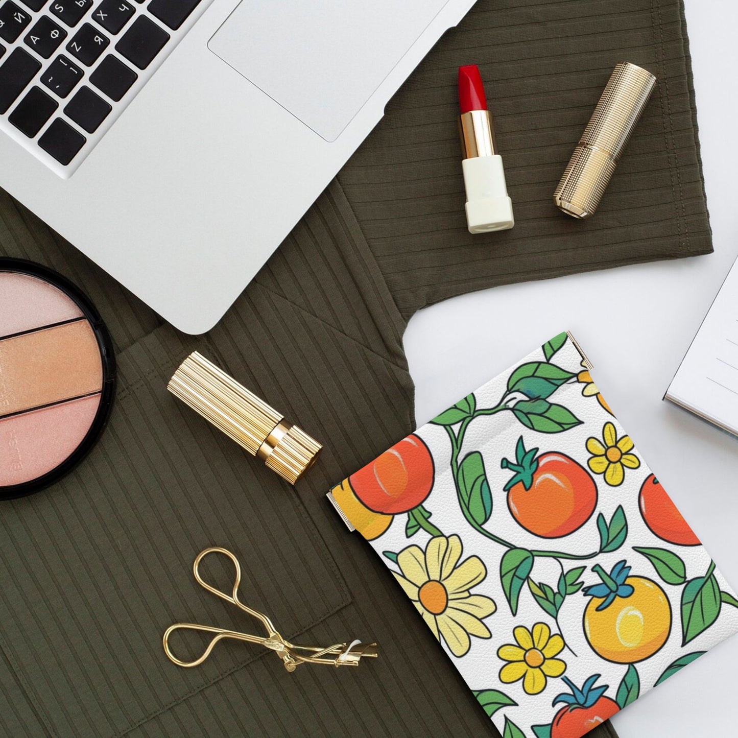 Cartoon Tomato & Floral Pattern PU Leather Coin Purse (10×11cm) – Colorful Plant Illustration Mini Pouch with Spring Snap Closure