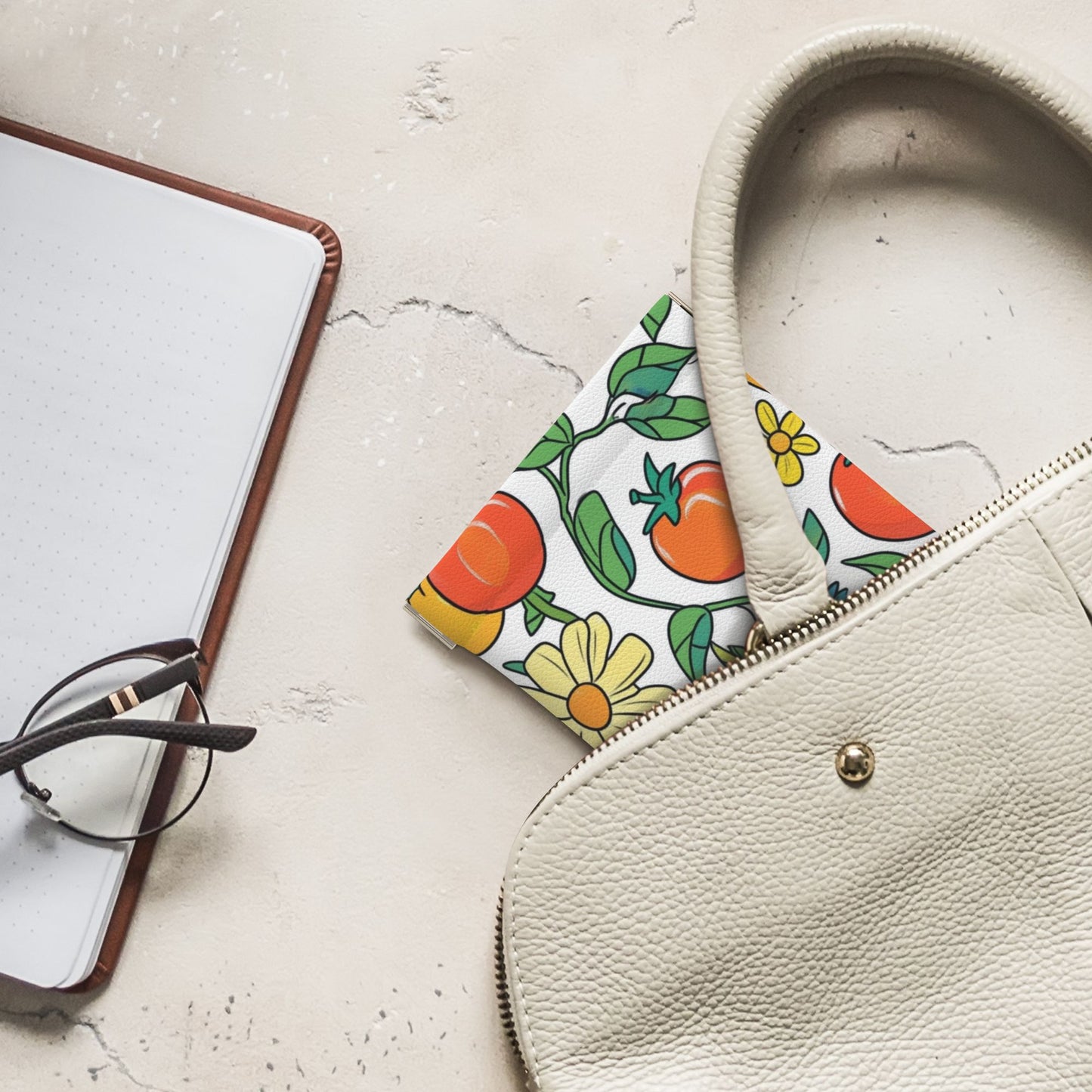 Cartoon Tomato & Floral Pattern PU Leather Coin Purse (10×11cm) – Colorful Plant Illustration Mini Pouch with Spring Snap Closure